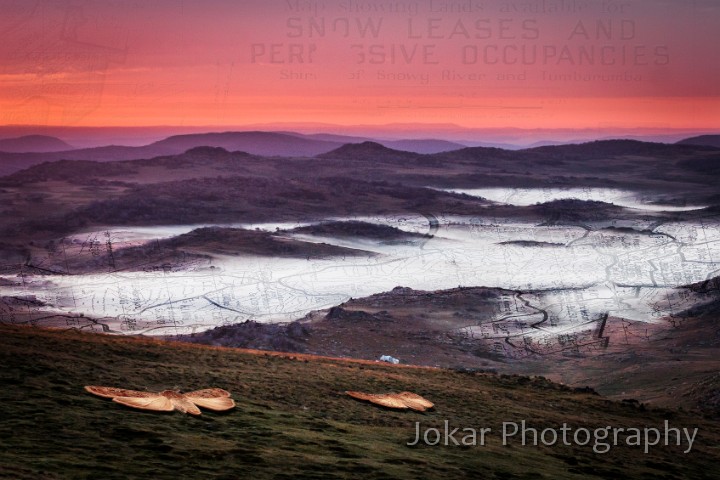 Snow leases.jpg - Snow leases.  The area around Mt Jagungal is now a designated wilderness zone within the larger Kosciuszko National Park. According to the Environmental Defender’s Office, “Wilderness areas are usually large, remote and undisturbed areas, generally unchanged by humans and their works or areas that are capable of being restored to such a state.”  No construction, commerce, vehicles, hunting, etc is permitted.But the land still bears traces of previous human activity. For those who know where and how to look, there is evidence of the visits by indigenous people from several surrounding language groups (who called Jagungal “The Big Bogong” because of the masses of Bogong Moths consumed there during summer months). The area was later used for summer grazing of stock, with many thousands of animals (mostly sheep) brought up to the ‘High Country’ from the surrounding lowland farms, and stock sent on agistment from properties in distant western New South Wales. The land was allocated through auction of ‘Snow Leases’ to individual farmers and pastoral companies, from around the 1890s through to the 1940s (and ‘50s in some areas). Through this period, from late November through to about March (depending on the arrival of the first snows) the region was filled with the stock and stockmen who looked over them.The evidence of those times is still visible in a small number of huts which are maintained as emergency shelters and/or as cultural heritage sites, and the many which are not maintained, now collapsing and slowly returning to the soil.Fenceposts, decaying stockyards, overgrown tracks (with some maintained as fire trails), culverts, introduced plants, chimney stones, bits of tin and wire, even broken bedframes, crockery and rum bottles can still be seen at many places, though blending back into the ‘wilderness’ a little more with each season.This photo was taken at 5:29am on 3 February 2008, when I was camped just beside the rocks of the Jagungal summit. The aspect is down to the southwest, with early fog starting to lift from the frost hollows below. The overlays show detail from a 1940s snow lease map of the area.